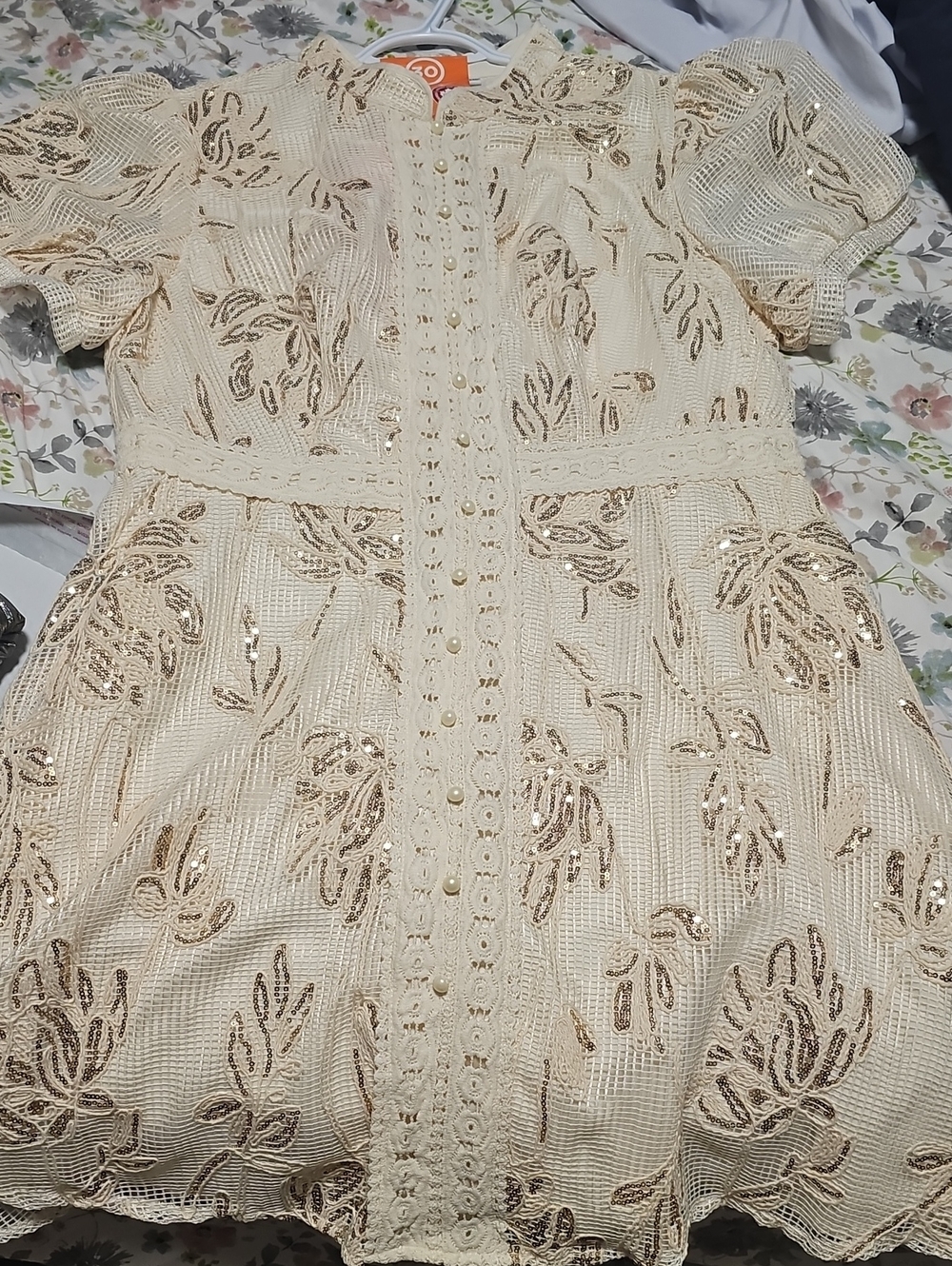 Cream Lace Dress with Gold Sequin Floral Detail